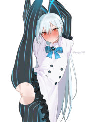 Rule 34 | 1girl, beijuu, blush, bow, closed mouth, crotch cutout, dress, frilled dress, frills, girls&#039; frontline, hair between eyes, hair bow, long hair, looking at viewer, puffy short sleeves, puffy sleeves, pussy, red eyes, short sleeves, silver hair, smile, solo, split, standing, standing on one leg, standing split, tokarev (girls&#039; frontline), white dress
