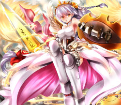 Rule 34 | 1girl, armor, bare shoulders, breasts, greaves, hairband, large breasts, light valkyrie (p&amp;d), long hair, nagare, orange eyes, puzzle &amp; dragons, shield, shynee, shynee (p&amp;d), silver hair, solo, sword, valkyrie (p&amp;d), weapon