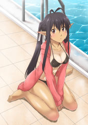 Rule 34 | 1girl, antenna hair, barefoot, between legs, bikini, bikini under clothes, black bikini, black hair, blush, breasts, cleavage, closed mouth, collarbone, eyebrows, from above, full body, hair between eyes, hair ornament, hair ribbon, halterneck, hand between legs, hood, hood down, hooded jacket, jacket, jacket over swimsuit, katori (pso2), large breasts, long hair, long sleeves, looking at viewer, mole, mole under eye, navel, on floor, one-piece tan, open clothes, open jacket, own hands together, phantasy star, phantasy star online 2, pink jacket, pointy ears, ponytail, pool, pool ladder, poolside, red eyes, ribbon, shadow, shimotsuki iko, sidelocks, sitting, solo, string bikini, swimsuit, swimsuit under clothes, tan, tanline, tile floor, tiles, v arms, wariza, water, white background, white ribbon