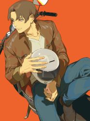 Rule 34 | 1boy, absurdres, belt, blue pants, breast pocket, brown belt, brown eyes, brown footwear, brown hair, brown jacket, closed mouth, curtained hair, denim, foot dangle, foot out of frame, from above, fusaishi haruaki, helmet, highres, holding, holding helmet, jacket, jeans, knee up, leaning back, long sleeves, looking to the side, male focus, mgong520, middle part, motor vehicle, motorcycle, on motorcycle, open clothes, open jacket, pants, pocket, raging loop, red background, saturated, shirt, shoes, short hair, simple background, solo, turning head, unworn headwear, v-neck, white helmet, white shirt, zipper