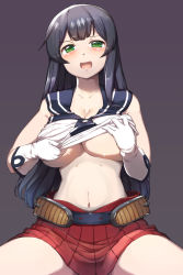 Rule 34 | 10s, 1girl, :d, agano (kancolle), black hair, blush, breasts, clothes lift, collarbone, comic, cowboy shot, gloves, green eyes, highres, kantai collection, large breasts, lifting own clothes, long hair, looking at viewer, midriff, miniskirt, navel, no bra, open mouth, pleated skirt, red skirt, sakimori dan, school uniform, serafuku, shirt lift, simple background, skirt, sleeveless, smile, solo, spread legs, stomach, underboob, white gloves