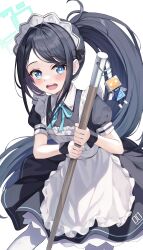Rule 34 | &lt;key&gt; (robot) (blue archive), 1girl, absurdres, apron, aqua ribbon, aris (blue archive), aris (maid) (blue archive), black dress, black hair, blue archive, blush, borrowed clothes, dress, frilled apron, frills, highres, holding, holding mop, kurone (kurone ryuo), long hair, looking at viewer, maid, maid headdress, mop, neck ribbon, pantyhose, pinafore dress, ponytail, puffy short sleeves, puffy sleeves, ribbon, short sleeves, simple background, sleeveless, sleeveless dress, smile, solo, swept bangs, teeth, upper teeth only, very long hair, white apron, white background, white pantyhose, wristband