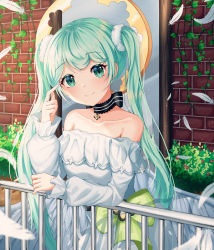 Rule 34 | 1girl, absurdres, angel, angel wings, aqua eyes, aqua hair, arm rest, bare shoulders, bomhae, brick wall, collar, collarbone, commentary, cross, cross necklace, dress, feathers, finger to head, forever 7th capital, hair ornament, hair scrunchie, halo, handrail, hatsune miku, highres, huge filesize, jewelry, korean commentary, long hair, looking at viewer, necklace, plant, railing, scrunchie, smile, strapless, strapless dress, twintails, upper body, very long hair, vines, vocaloid, white dress, window, wings
