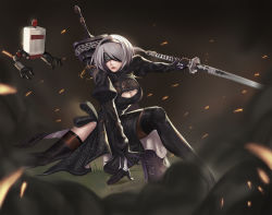Rule 34 | 1girl, absurdres, android, black blindfold, black footwear, black gloves, black hairband, blindfold, boots, breasts, brown thighhighs, chain, cleavage, cleavage cutout, clothing cutout, floating, gloves, grass, greatsword, grey hair, hairband, highres, holding, holding sword, holding weapon, katana, lan xiezi, mole, mole under mouth, nier (series), nier:automata, parted lips, pod (nier:automata), puffy sleeves, red lips, robot, see-through, short hair, signature, smoke, sparks, sword, teeth, thigh boots, thighhighs, weapon, weapon on back, 2b (nier:automata)