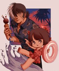 Rule 34 | 1boy, 1girl, adam&#039;s apple, barefoot, black hair, black jack (character), black jack (series), border, bow, brown eyes, brown hair, cherry, closed mouth, food, fruit, grey border, hair over one eye, hawaiian shirt, highres, holding, holding ice cream cone, holding swim ring, ice cream, ice cream cone, index finger raised, innertube, multicolored hair, oldkin, one-piece swimsuit, open mouth, palm tree, pink bow, pink one-piece swimsuit, pinoko, pocky, polka dot, polka dot swimsuit, shirt, short hair, single scoop, split-color hair, star (symbol), star in eye, sunset, sweatdrop, swim ring, swimsuit, symbol in eye, tree, waffle cone, white hair