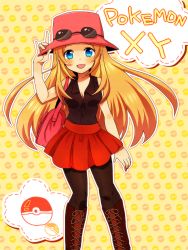Rule 34 | 10s, 1girl, bare shoulders, blonde hair, blue eyes, blush, boots, breasts, cleavage, copyright name, creatures (company), english text, game freak, goggles, hat, heart, heart-shaped pupils, highres, long hair, nintendo, open mouth, poke ball, pokemon, pokemon xy, serena (pokemon), skirt, smile, solo, standing, symbol-shaped pupils, tyeinn-suineryuu