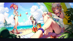 Rule 34 | 3girls, aa-12 (girls&#039; frontline), aa-12 (smokeless lollipop) (girls&#039; frontline), ahoge, ameli (ameli&#039;s receive) (girls&#039; frontline), ankle scrunchie, arm support, ball, bandeau, bare legs, barefoot, beach, beach mat, beachball, bikini, bikini under clothes, black choker, black nails, blue eyes, blue sky, blurry, blurry foreground, breasts, brown footwear, brown hair, can, character request, choker, cloud, commentary request, crop top, day, double bun, drinking straw, earrings, eyewear on head, fingerless gloves, girls&#039; frontline, gloves, gradient hair, green bikini, green hair, hair bun, hair ornament, hair ribbon, hairclip, hand on own hip, hand on own knee, hands up, highres, holding, holding can, jewelry, large breasts, leaf, long hair, looking at viewer, lushiying, medium breasts, motion blur, mp7 (lollipop ammo) (girls&#039; frontline), multicolored hair, multiple girls, nail polish, ocean, octopus, off shoulder, official alternate costume, outdoors, outstretched arms, parted lips, pink footwear, pink gloves, pink nails, pom pom (clothes), ponytail, purple choker, purple hair, red eyes, ribbon, sandals, scrunchie, see-through, shirt, short sleeves, side-tie bikini bottom, single fingerless glove, sitting, sky, standing, standing on one leg, star (symbol), star earrings, starfish, strapless, sunglasses, swimsuit, toenail polish, toenails, very long hair, white shirt, wrist scrunchie, x hair ornament, yellow eyes