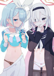 Rule 34 | 2girls, plana (blue archive), arona (blue archive), black jacket, black panties, black pantyhose, blue archive, blue hair, blue pupils, blue sailor collar, blue shirt, blush, bow, bow panties, choker, clothes lift, clothes pull, colored inner hair, grey hair, hair over one eye, hair ribbon, hairband, halo, highres, jacket, licking lips, lifted by self, long jacket, multicolored hair, multiple girls, navel, neckerchief, open clothes, open jacket, panties, pantyhose, pantyhose pull, pink hair, pink pupils, profile, ribbon, sailor collar, shirt, shirt lift, skirt, skirt pull, standing, stomach, swept bangs, thigh gap, tongue, tongue out, two-tone hair, underwear, upper body, white choker, white neckerchief, white panties, white ribbon, white sailor collar, yucblossom