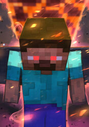 Rule 34 | 1boy, absurdres, aqua shirt, beard, blue pants, brown hair, facial hair, feet out of frame, highres, hungry clicker, male focus, minecraft, pants, red eyes, shirt, short sleeves, solo, sparks, steve (minecraft)