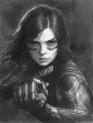 Rule 34 | 1girl, aiming, aiming at viewer, alita, alita: battle angel, bare shoulders, battle angel alita, bodysuit, clenched hand, closed mouth, cyberpunk, cyborg, eyelashes, facepaint, facial mark, fighting stance, floating hair, greyscale, hair over one eye, hands up, highres, lips, liu dongzi, looking at viewer, mechanical arms, monochrome, realistic, short hair, sleeveless, solo, upper body