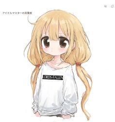 Rule 34 | 1girl, blonde hair, blush, brown eyes, character name, closed mouth, copyright name, cropped torso, futaba anzu, highres, idolmaster, idolmaster cinderella girls, long hair, long sleeves, lords of the fallen, low twintails, reitoubeef, shirt, simple background, solo, twintails, white background, white shirt