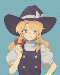 Rule 34 | 1girl, black hat, black vest, blonde hair, blue background, blush, bow, braid, doughnut, eating, food, food on face, green bow, hair bow, hand up, hat, hat bow, highres, holding, holding food, kirisame marisa, light blush, long hair, looking to the side, shiratama (hockey), shirt, short sleeves, single braid, solo, touhou, upper body, vest, white bow, white shirt, witch hat, yellow eyes