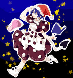 Rule 34 | 1girl, blue hair, book, doremy sweet, dress, closed eyes, hat, hug (yourhug), nightcap, open book, open mouth, pom pom (clothes), smile, star (symbol), tail, tapir tail, touhou, walking