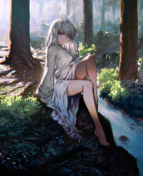 Rule 34 | 1girl, barefoot, breasts, commentary request, day, forest, long hair, long sleeves, looking at viewer, matsuzou (ochrefish), nature, original, outdoors, sitting, small breasts, solo, stream, tree, water, white hair