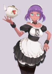 Rule 34 | 1girl, :o, alternate costume, aqua eyes, bare shoulders, blunt bangs, breasts, choker, commentary, cowboy shot, dark-skinned female, dark skin, detached collar, dress, glasses, maeda risou, maid, maid headdress, medium breasts, menat, off shoulder, open mouth, puffy short sleeves, puffy sleeves, short hair, short sleeves, short twintails, solo, street fighter, teapot, thighhighs, twintails, wrist cuffs