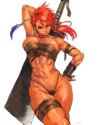 Rule 34 | 1girl, abs, armor, babel (shu-mai), bikini armor, blue eyes, braid, breasts, cleavage, fantasy, female pubic hair, hand on own hip, hatchet, jewelry, large breasts, long hair, looking at viewer, muscular, muscular female, nata (tool), navel, neck ring, original, pubic hair, pubic hair peek, red hair, shu-mai, simple background, solo, standing, swept bangs, sword, thigh strap, thighs, v-shaped eyebrows, weapon, white background