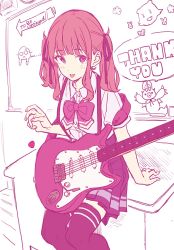 Rule 34 | 1girl, :p, arm support, arrow (projectile), bow, bowtie, carrying, cevio, chalkboard, cowboy shot, desk, electric guitar, guitar, hanakuma chifuyu, highres, horns, indoors, instrument, koharu rikka, looking at viewer, medium hair, miniskirt, monochrome, natsuki karin, pink eyes, pink hair, pink neckwear, pink theme, pleated skirt, plectrum, school uniform, short sleeves, sitting, skirt, speaker, speech bubble, spot color, stuffed animal, stuffed toy, synthesizer v, teddy bear, teshima nari, thank you, thighhighs, to be continued, tongue, tongue out, twintails, wooden floor, zettai ryouiki