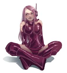 Rule 34 | 1girl, absurdres, alternate costume, crossed legs, egghead island, grin, highres, jewelry bonney, jewelry bonney (egghead), leotard, lips, lipstick, makeup, official alternate costume, one piece, purple leotard, revealing clothes, shiny clothes, shiny skin, sitting, smile, white background, wide hips