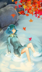 Rule 34 | 1girl, autumn leaves, female focus, kawashiro nitori, leaf, nature, outdoors, plant, ruit, skirt, solo, touhou, two side up, water