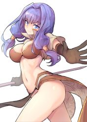 Rule 34 | 1girl, breasts, brown skirt, capelet, closed mouth, commentary request, gloves, grey background, hair intakes, hair tubes, large breasts, legs apart, long hair, looking at viewer, mage (ragnarok online), midriff, navel, pelvic curtain, purple hair, ragnarok online, revision, sidelocks, simple background, skirt, smile, solo, thighs, waero