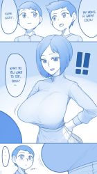 Rule 34 | !, !!, 1girl, 2boys, absurdres, blue theme, blush, breasts, child, collared shirt, comic, cowboy shot, ekz (robotekz), english text, gradient background, highres, huge breasts, long sleeves, mature female, monochrome, mother and son, multiple boys, open mouth, original, shirt, short hair, sketch, smile, speech bubble, sweatdrop