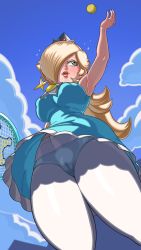 Rule 34 | 1girl, arm up, armpits, ball, bare arms, blonde hair, blue dress, blue panties, blue sky, blush, breasts, cameltoe, cleft of venus, cloud, crown, day, dress, earrings, frilled skirt, frills, from below, hair over one eye, hard-degenerate, jewelry, large breasts, lips, long hair, mario (series), mario tennis, mario tennis: ultra smash, mini crown, nintendo, panties, pantyhose, parted lips, racket, rosalina, see-through, skirt, sky, sleeveless, sleeveless dress, summer, super mario galaxy, sweat, tennis, tennis ball, tennis racket, tennis rosalina, underwear, upskirt, white pantyhose, wind, wind lift