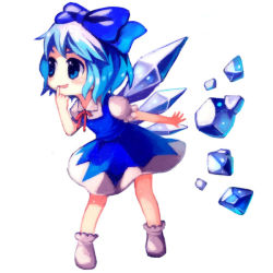 Rule 34 | 1girl, blue eyes, blue hair, cirno, dress, embodiment of scarlet devil, female focus, full body, hand to own mouth, ice, matching hair/eyes, nishiki koi, ribbon, short hair, simple background, solo, touhou, white background, wings