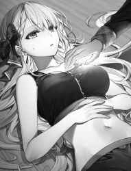 Rule 34 | 1girl, bow, breasts, character request, collarbone, commentary request, crop top, eyelashes, glowing, greyscale, hair bow, long hair, lying, medium breasts, midriff, monochrome, navel, on back, on floor, open mouth, pants, riselia ray crystalia, seiken gakuin no maken tsukai, seiken maken, stomach, sweatdrop, tank top, upper body, very long hair, wooden floor, zipper, zipper pull tab