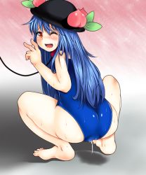 Rule 34 | 1girl, amecha, barefoot, bdsm, blue hair, bondage, bound, collar, female focus, food, fruit, hat, highres, hinanawi tenshi, leash, long hair, one-piece swimsuit, peach, pussy juice, red eyes, school swimsuit, solo, squatting, sweat, swimsuit, tears, touhou, wince