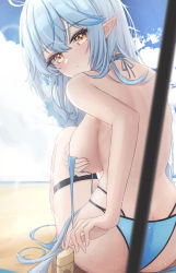 Rule 34 | 1girl, :/, absurdres, ahoge, ass, bare arms, bare back, beach, bikini, blue bikini, blue choker, blue hair, blurry, blurry foreground, blush, breasts, butt crack, choker, closed mouth, cloud, cloudy sky, covering privates, covering breasts, day, from behind, hand on own chest, heart, highres, hololive, knee up, large breasts, long hair, looking at viewer, looking back, lotion, mofu07519, multi-strapped bikini, multicolored hair, outdoors, pointy ears, sand, sideboob, sky, solo, streaked hair, string bikini, swimsuit, thigh strap, untied bikini, virtual youtuber, yellow eyes, yukihana lamy