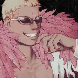 Rule 34 | 1boy, arm up, beancrafts, black background, blonde hair, coat, donquixote doflamingo, feather coat, feathers, finger to own chin, highres, male focus, one piece, open clothes, pink coat, portrait, shirt, short hair, smile, solo focus, sunglasses, upper body, white-framed eyewear, white shirt
