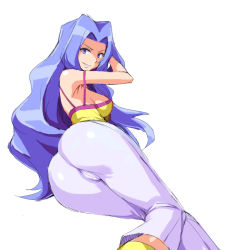 Rule 34 | 1girl, arm up, armpit crease, armpit peek, ass, bare arms, bare shoulders, blue hair, breasts, cameltoe, camisole, creatures (company), elite four, feet out of frame, from side, game freak, hair intakes, karen (pokemon), long hair, looking at viewer, lying, medium breasts, nintendo, on side, pants, parted lips, pokemon, pokemon hgss, purple camisole, purple eyes, sideboob, simple background, smirk, solo, spaghetti strap, strap gap, strap slip, tesu, thick thighs, thighs, white background, white pants, wide hips, yellow camisole, yellow footwear