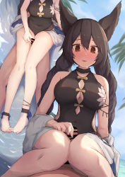 Rule 34 | 1boy, 1girl, animal ears, anklet, artist request, beach, black hair, blush, braid, brown eyes, censored, china dress, chinese clothes, dress, embarrassed, erection, face, faceless, faceless male, granblue fantasy, hetero, highres, jewelry, long hair, looking down, nier (granblue fantasy), ocean, palm tree, penis, sitting, sitting on person, thigh sex, toe scrunch, tree, water