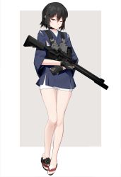 Rule 34 | 1girl, absurdres, ar-15, assault rifle, bad id, bad pixiv id, bandaid, bandaid on face, black hair, blouse, blue shirt, clothing request, expressionless, grey background, gun, half-closed eyes, highres, looking at viewer, military, one eye closed, original, outside border, rifle, sandals, shirt, short hair, short shorts, shorts, simple background, solo, tagme, vectorek, watch, weapon, weapon request, white background