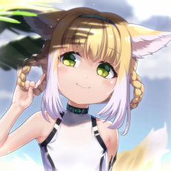 Rule 34 | 1girl, \n/, animal ears, arknights, bare arms, bare shoulders, blonde hair, blue hairband, blurry, blurry background, blush, braid, braided hair rings, closed mouth, commentary, day, depth of field, green eyes, hair between eyes, hair rings, hairband, hand up, head tilt, highres, holding, holding own hair, infection monitor (arknights), leotard, looking away, looking to the side, material growth, multicolored hair, oripathy lesion (arknights), outdoors, smile, solo, suzuran (arknights), symbol-only commentary, tail, tail raised, twin braids, two-tone hair, upper body, white hair, white leotard, white ph