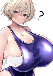 Rule 34 | 1girl, absurdres, barefoot, blonde hair, blush, bottle, breasts, brown eyes, confused, highres, huge breasts, looking at viewer, one-piece swimsuit, purple one-piece swimsuit, question mark, sgwmanga, short hair, swimsuit, water bottle, white background