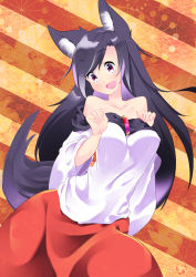 Rule 34 | 1girl, absurdres, animal ears, aranagi (arng 4401), breasts, brooch, brown hair, collarbone, dress, highres, imaizumi kagerou, jewelry, large breasts, long hair, long sleeves, looking at viewer, off-shoulder shirt, off shoulder, open mouth, red eyes, shirt, solo, tail, touhou, wide sleeves, wolf ears, wolf tail