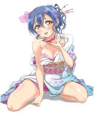 Rule 34 | 1girl, alcohol, bare shoulders, blue hair, blush, bra, breasts, cleavage, commentary request, cup, floral print, flower, full body, hair between eyes, hair bun, hair flower, hair ornament, highres, japanese clothes, kimono, long hair, looking at viewer, love live!, love live! school idol festival, love live! school idol project, medium breasts, off shoulder, pink bra, sakazuki, sake, simple background, single hair bun, sitting, solo, sonoda umi, spread legs, tetopetesone, tongue, tongue out, underwear, white background, yellow eyes