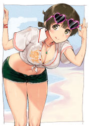 Rule 34 | :p, alternate costume, alternate hairstyle, bikini, bikini top only, bracelet, breasts, brown eyes, brown hair, cleavage, eyewear on head, green shorts, highres, hiryuu (kancolle), jewelry, kantai collection, large breasts, looking at viewer, necklace, orange bikini, poco (backboa), ring, short hair, short shorts, short sleeves, shorts, sunglasses, swimsuit, tongue, tongue out, wedding band, wet, wet clothes