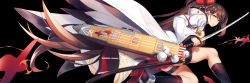 Rule 34 | 1girl, aircraft, airplane, azur lane, black background, black socks, brown hair, commentary request, from side, hair ornament, highres, holding, holding sword, holding weapon, japanese clothes, katana, kimono, kneehighs, long hair, long sleeves, looking at viewer, on one knee, open mouth, ponytail, raiou, rudder footwear, sheath, sidelocks, simple background, socks, solo, sword, thighs, weapon, wide sleeves, yellow eyes, zuikaku (azur lane)