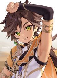 Rule 34 | 1boy, armpit crease, armpits, bishounen, brown hair, commentary request, genshin impact, green eyes, hair between eyes, highres, iroiro 0w0, jewelry, long hair, looking at viewer, male focus, scarf, sethos (genshin impact), simple background, sleeveless, smile, solo, upper body