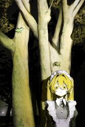 1girl :&lt; apron blonde_hair bug colored_eyelashes hair_intakes highres insect iwonu juliet_sleeves long_hair long_sleeves looking_to_the_side maid_headdress moth night original outdoors puffy_sleeves solo tree yellow_eyes