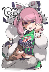 Rule 34 | 2girls, anger vein, bow, cardigan, coat, creatures (company), cropped legs, fur coat, game freak, gloria (pokemon), gloves, grey cardigan, gym challenge uniform, hair bow, hand on another&#039;s head, highres, klara (pokemon), licking, licking stomach, looking at viewer, multiple girls, nintendo, partially fingerless gloves, pink hair, pokemon, pokemon swsh, short hair, short shorts, shorts, simple background, single glove, tirarizun, yuri