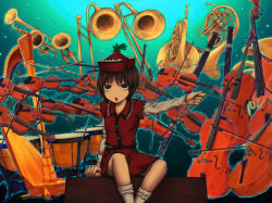 Rule 34 | 1girl, backlighting, blouse, brown eyes, brown hair, cello, conductor baton, frilled socks, frills, hat, instrument, layered clothes, layered sleeves, long sleeves, lyrica prismriver, open mouth, red hat, red shirt, shirt, short over long sleeves, short sleeves, sitting, socks, solo, touhou, trumpet, violin, white shirt, white socks, yajirushi (chanoma)