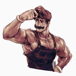 Rule 34 | 1boy, armpit hair, chest hair, commentary, david liu, english commentary, facial hair, gloves, hat, highres, male focus, manly, mario, mario (series), muscular, mustache, nintendo, overalls, solo, sweat, thick eyebrows, topless male, upper body, white gloves