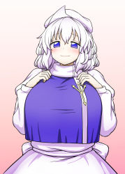 Rule 34 | 1girl, absurdres, blue eyes, blush, breast suppress, breasts, closed mouth, dress, gradient background, hands up, highres, huge breasts, itou yuuji, letty whiterock, looking at viewer, medium hair, paid reward available, pink background, purple eyes, shirt overhang, smile, solo, touhou, triangular headpiece, white dress, white hair, white headwear