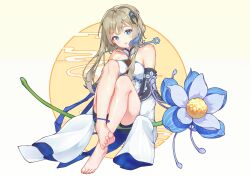 Rule 34 | 1girl, absurdres, bare legs, bare shoulders, barefoot, blue eyes, blue flower, blush, buxianghuahuadexuegao, dress, feet, flower, genshin impact, glaze lily, gradient background, guizhong (genshin impact), hair ornament, headphones, highres, long hair, looking at viewer, sitting, sleeves past fingers, sleeves past wrists, soles, solo, tassel, tassel hair ornament, toes