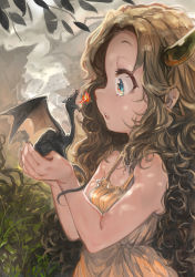 Rule 34 | 1girl, :o, angry, animal, bare arms, bare shoulders, blue eyes, borrowed character, bosako (haguhagu), breath weapon, breathing fire, brown hair, curly hair, day, dragon, dress, eye reflection, fantasy, fire, from side, grass, hands up, highres, holding, holding animal, horns, looking at another, outdoors, parted bangs, parted lips, profile, reflection, sharp teeth, teeth, toro3, tree, white dress