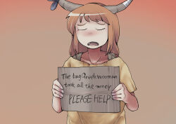 Rule 34 | 1girl, bandaged horn, brown background, brown hair, brown horns, closed eyes, comfy (cookie), commentary request, cookie (touhou), english text, fang, fingernails, fuka (kantoku), gradient background, highres, holding, holding sign, horns, ibuki suika, long hair, open mouth, shirt, short bangs, short sleeves, sign, solo, tearing up, touhou, typo, upper body, yellow shirt