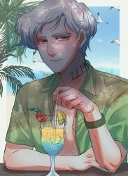 Rule 34 | 1boy, absurdres, artist name, bird, blue eyes, closed mouth, drinking straw, glass, green shirt, highres, male focus, neck tattoo, norman (yakusoku no neverland), number tattoo, open clothes, open shirt, parfaitrine, shirt, short hair, smile, solo, tattoo, twitter username, white hair, yakusoku no neverland